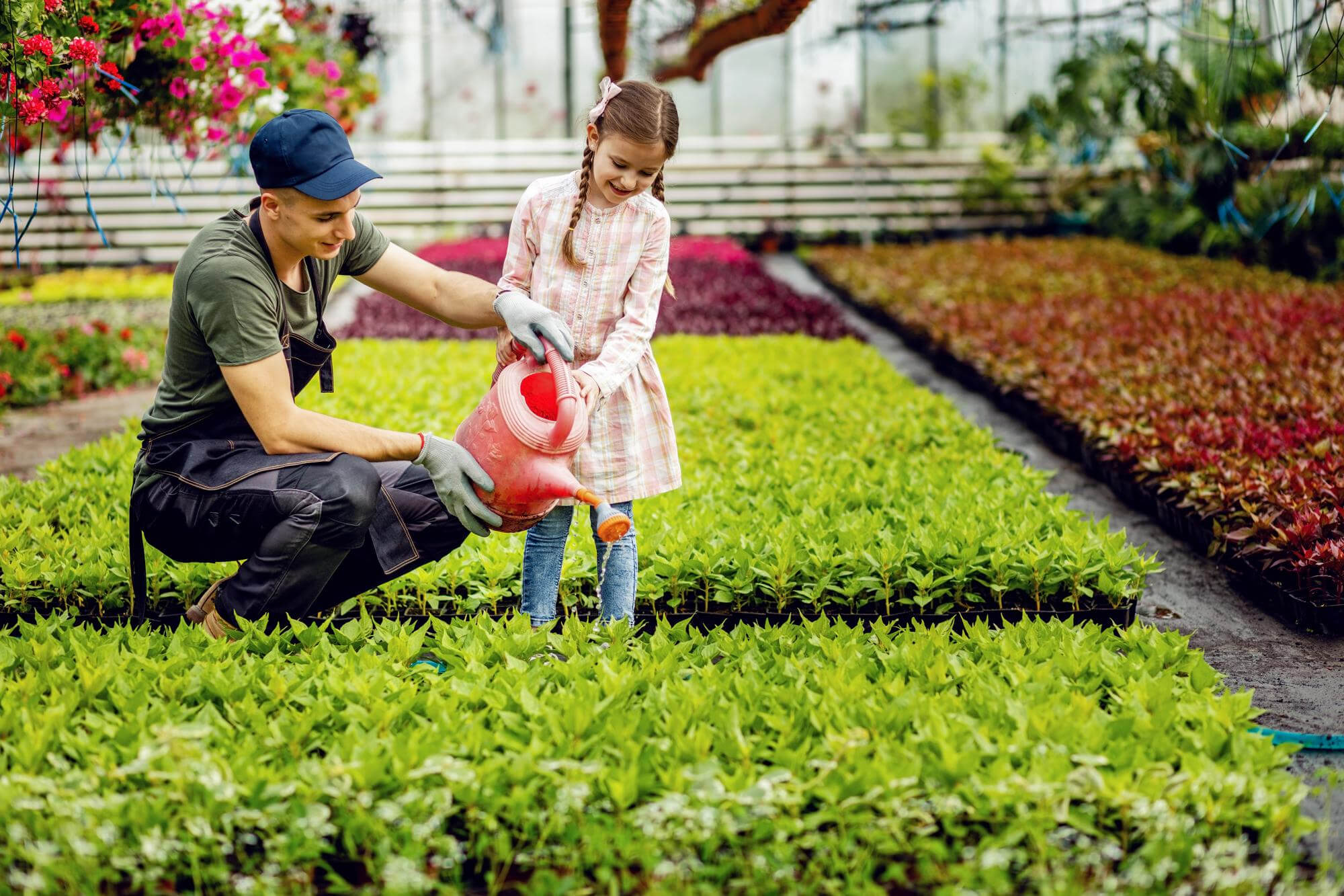 Gardener helping a child water young plants in a local garden nursery